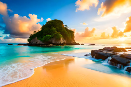 Beautiful seascape at sunset. Tropical beach at Seychelles.の写真素材