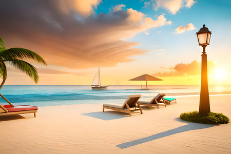 Beach with chaise lounges on the sand. 3d renderの写真素材