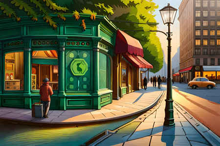 Illustration of a street in the city with a man in a hatの写真素材