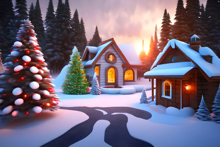 3D render of christmas house with Christmas tree in the snowの写真素材