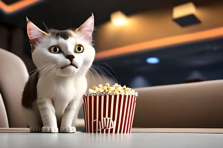 Cute cat eating popcorn in the cinema. 3d rendering.の写真素材