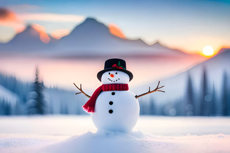Snowman with hat and scarf in the mountains at sunset. Christmas concept.の写真素材