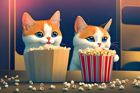 Two cats in a box of popcorn. 3d illustration. Cartoon style.の写真素材
