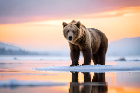 Grizzly Bear on the lake at sunset. Kamchatkaの写真素材