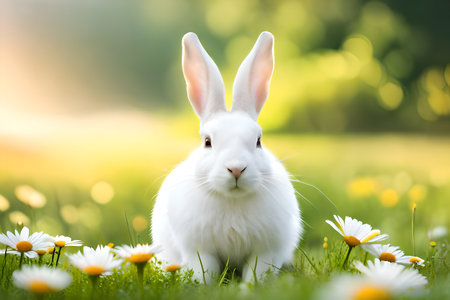 Cute white rabbit sitting on the meadow with daisiesの写真素材