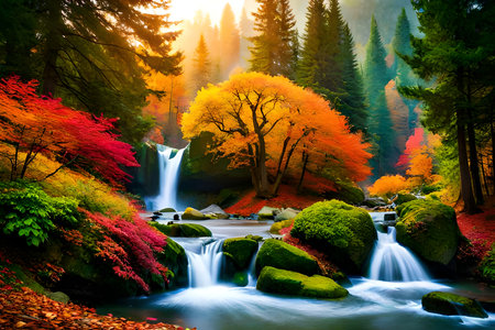 Autumn forest waterfall with colorful trees and rocks. Nature composition.の写真素材