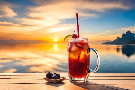Refreshing summer sangria with plum, lemon and ice on wooden pier at sunrise.の写真素材