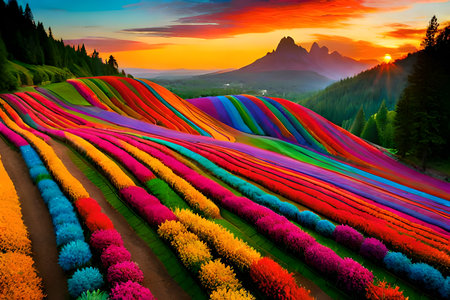 Colorful spring flowers blooming in the mountains. Colorful spring landscape.の写真素材