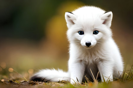 Cute little white fox with blue eyes sitting on grass in autumn forestの写真素材
