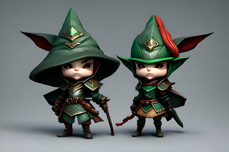 Two gnomes in green hats with swords. 3d illustration.の写真素材