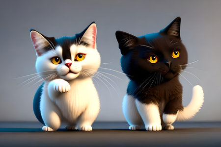 Two cats in blue and black on a gray background. 3d renderingの写真素材