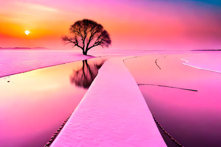 Lonely tree in salt lake at sunset. Beautiful natural landscape.の写真素材