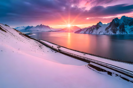 Sunset over the Lofoten islands in winter, Norwayの写真素材