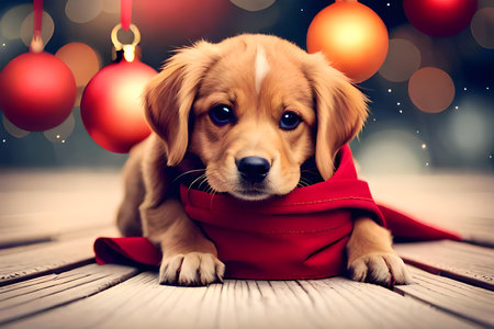 christmas, holidays, celebration and people concept - close up of cute golden retriever puppy in red scarf over bokeh lights backgroundの写真素材