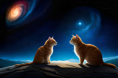 Two cats sitting on the edge of a cliff and looking at the starry skyの写真素材