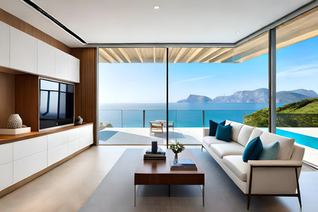 Interior of modern house, living room with sea view. 3d renderingの写真素材
