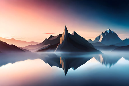 Mountain landscape with lake and reflection in water at sunset. 3d renderの写真素材