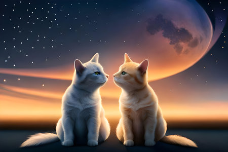 Two cats sitting in front of moon and starry sky. 3D renderingの写真素材