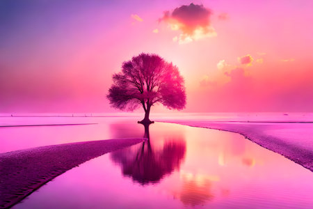 Beautiful tree on the beach with reflection in water at sunset.の写真素材