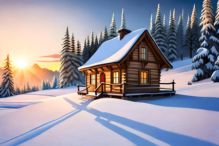 Wooden cottage in the mountains at sunset. Winter landscape. Vector illustration.の写真素材