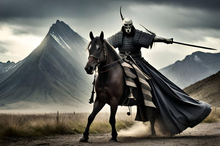 Knight on a horse in the steppe against the background of mountainsの写真素材