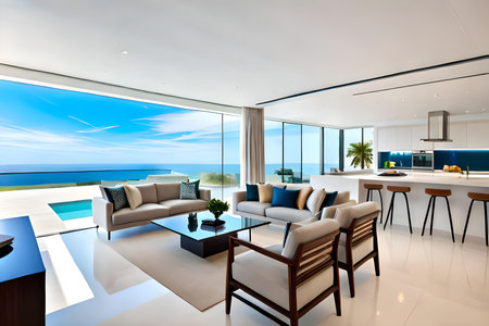 Luxury living room with view on the sea and blue skyの写真素材