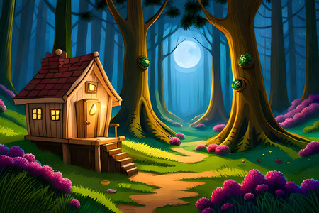 Illustration of a beautiful fantasy forest at night with a wooden houseの写真素材