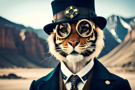 Portrait of a tiger wearing a top hat and glasses. Vintage style.の写真素材