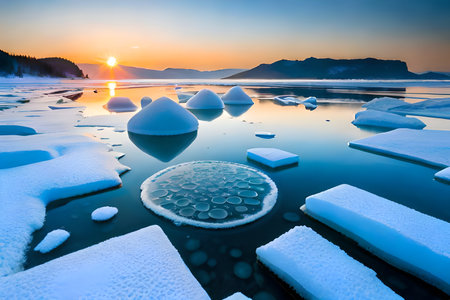 Ice hummocks on frozen lake Baikal at sunset, Siberia, Russiaの写真素材