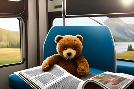 Teddy bear sitting on the bus and reading newspaper. 3d renderingの写真素材