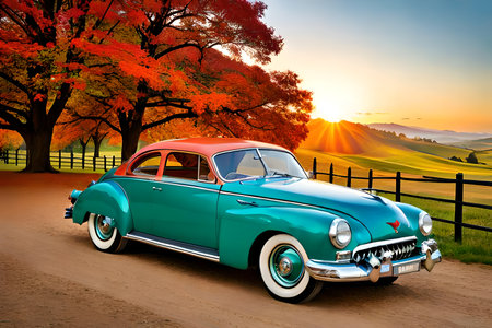 Classic american car in the autumn landscape. 3D render.の写真素材
