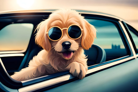 Cute Golden Retriever puppy in sunglasses sitting in the carの写真素材