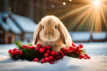 Cute little rabbit with christmas wreath on snow in winterの写真素材