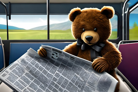Teddy bear sitting in a bus and reading newspaper. 3d illustration.の写真素材