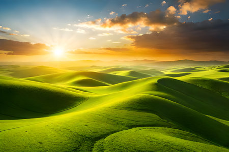 Beautiful sunset in Tuscany, Italy. Landscape with green hillsの写真素材