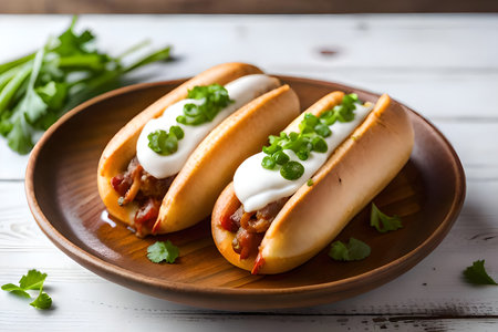 Hot dogs with sausage and mayonnaise on a wooden background.の写真素材