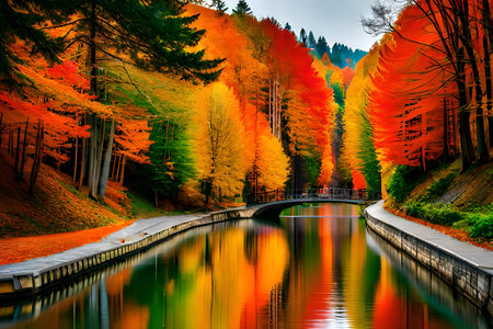 Beautiful autumn landscape with lake and colorful trees in the forest.の写真素材