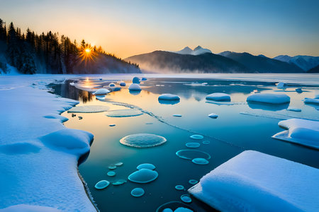 Beautiful winter landscape with frozen lake and snow covered mountains at sunsetの写真素材