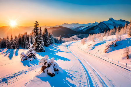 Fantastic winter landscape glowing by sunlight. Dramatic wintry scene. Carpathian, Ukraine, Europe. Beauty world.の写真素材