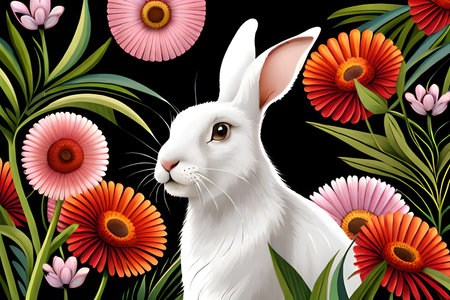 Illustration of a white rabbit surrounded by flowers on a black backgroundの写真素材