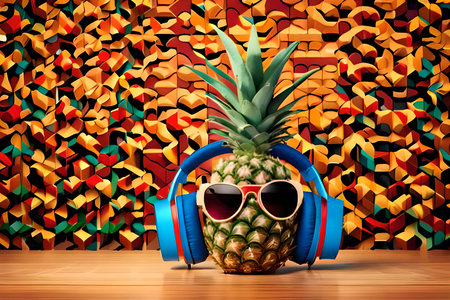 Pineapple with sunglasses and headphones on a colorful background. 3d illustrationの写真素材
