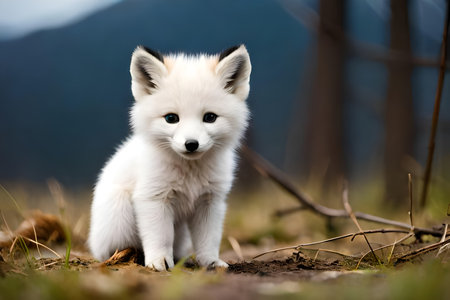 Beautiful portrait of a cute puppy of a fluffy white fox in the forestの写真素材