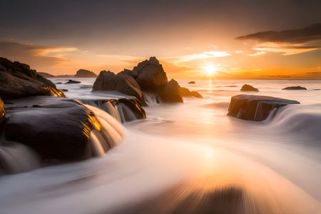Beautiful seascape with long exposure of water flowing over rocks at sunsetの写真素材