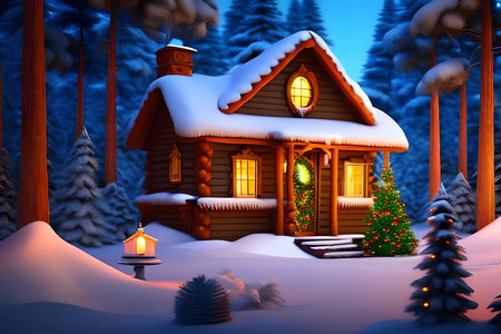 3d render of christmas house in winter forest with christmas treeの写真素材