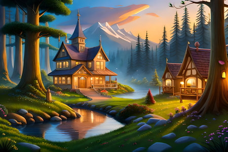 Beautiful fairy tale scene with wooden church in the forest. Illustrationの写真素材