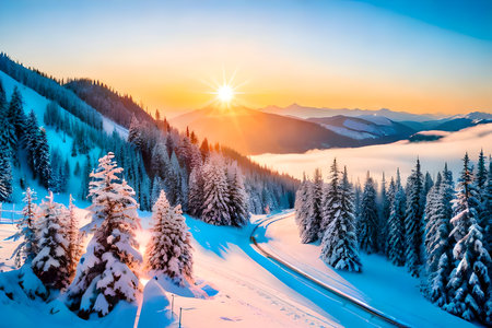 Majestic sunset in the winter mountains landscape. Dramatic wintry scene. Carpathian, Ukraine, Europe. Beauty world.の写真素材