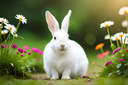 Cute white rabbit in the garden with daisy flowers on green grassの写真素材