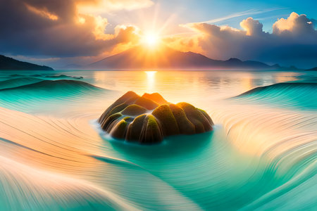 Beautiful sunset over the sea. Colorful summer seascape.の写真素材