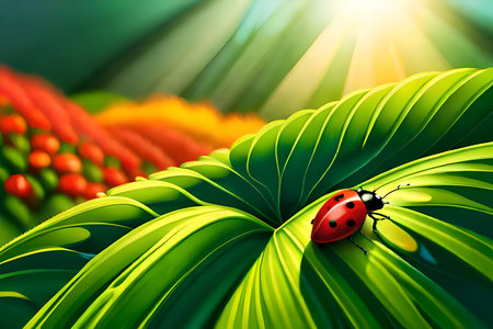 ladybug on green leaf with sun ray effect. 3d illustrationの写真素材
