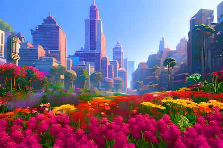 3D render of the city landscape with flowers in the foreground.の写真素材